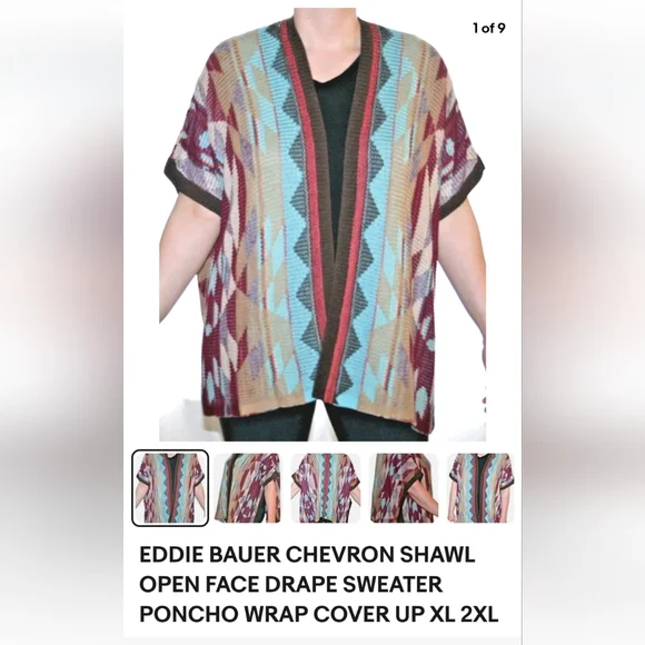 Eddie Bauer knit Pancho Chevron brown one size S M L cardigan - Picture 2 of 11